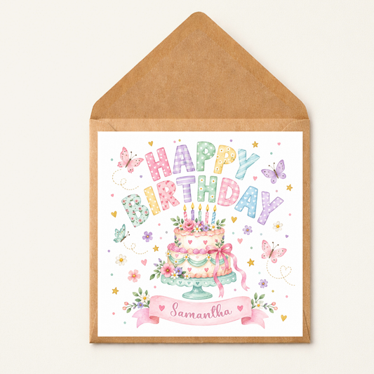 Personalised Birthday Card for Her, Watercolour Birthday Cake Card, Custom Name Floral Card, Pretty Pastel Birthday Card