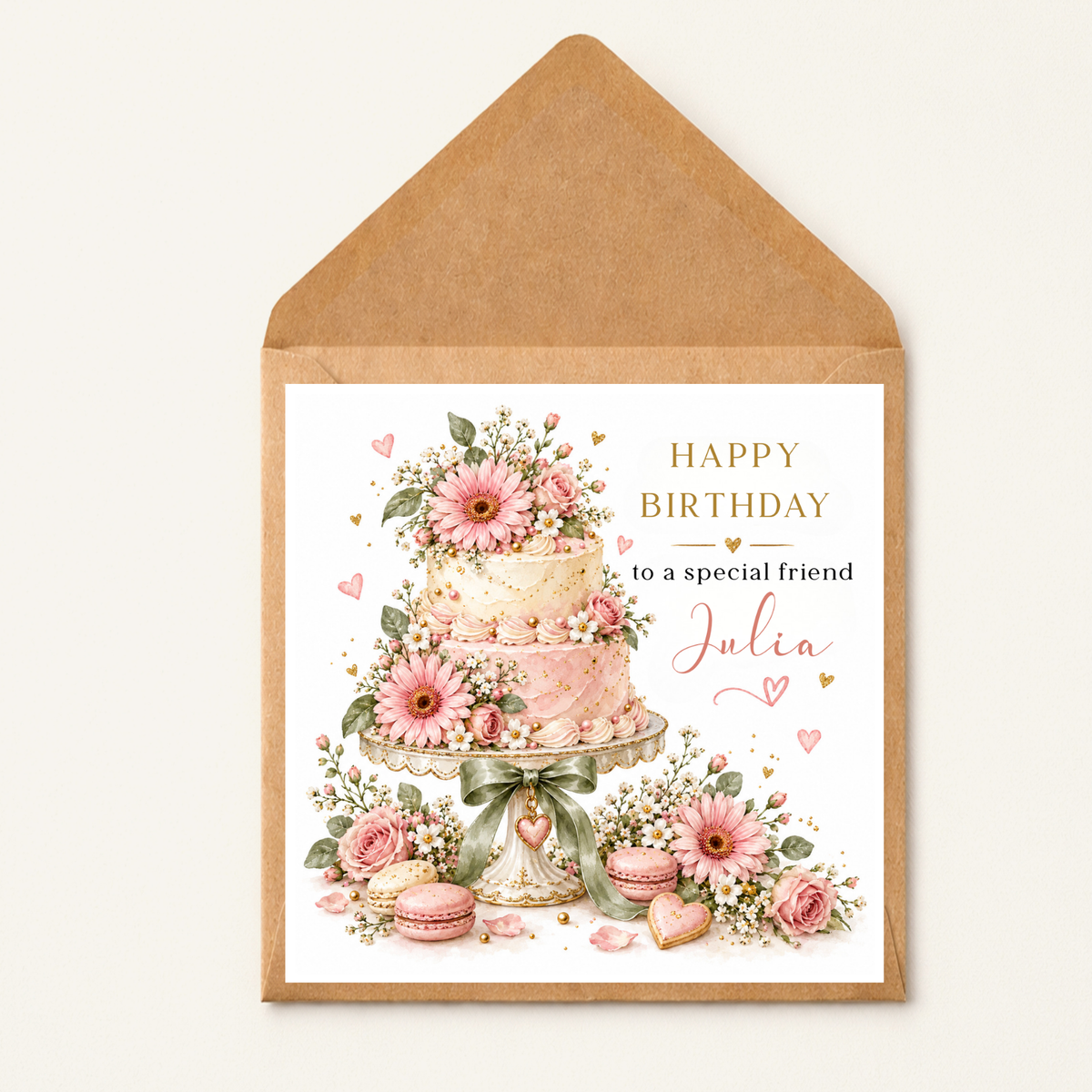 Personalised Birthday Card for a Special Friend, Floral Birthday Cake Card, Custom Name Card, Pretty Pink Birthday Card for Her
