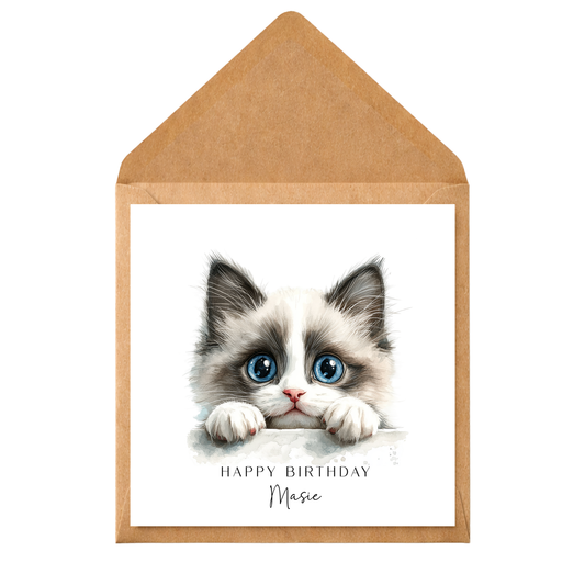 Personalised Cat Birthday Card – Cute Kitten Birthday Card – Custom Pet Greeting Card – Cat Lover Birthday Card – Watercolour Cat Card