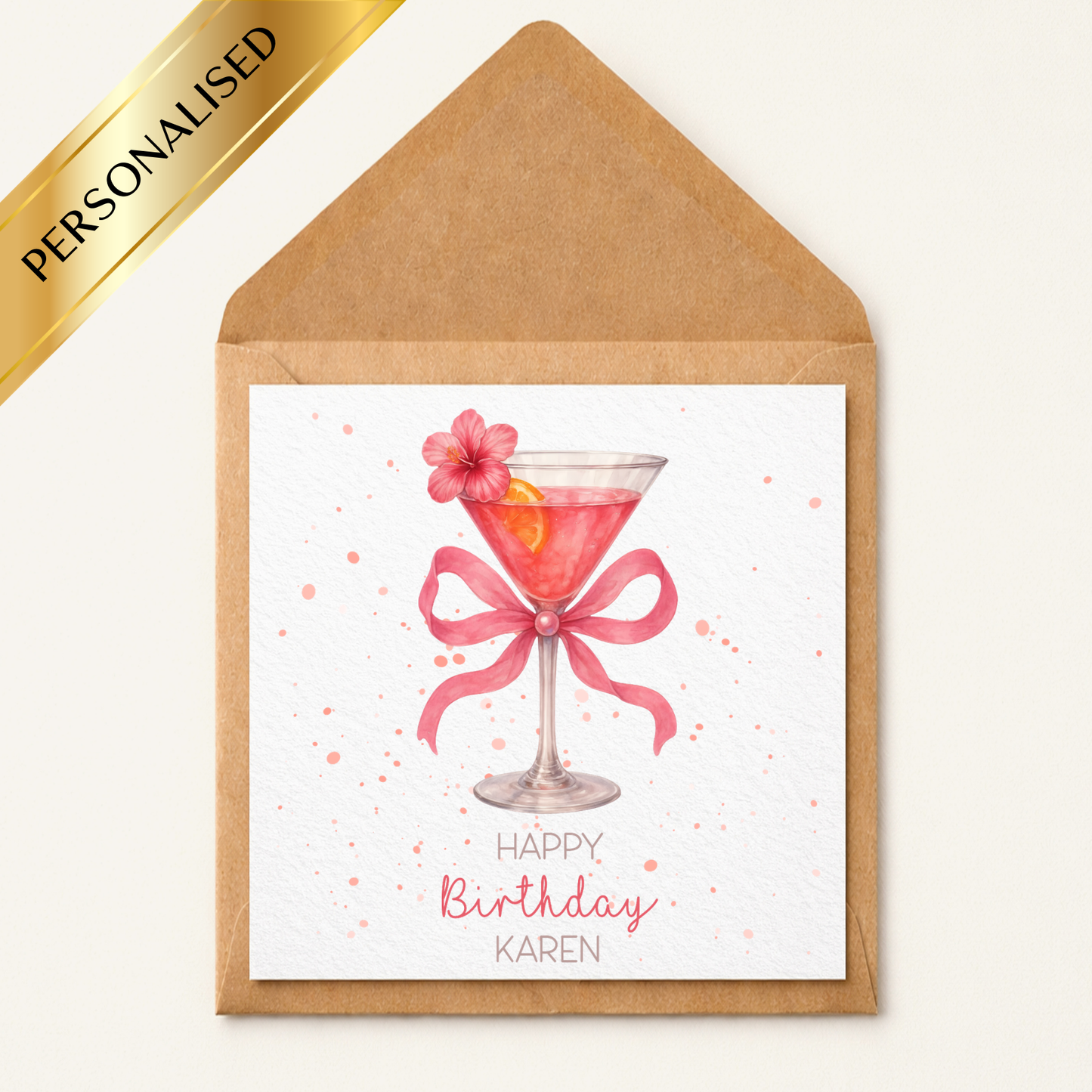 Personalised Cocktail Birthday Card – Pink Martini Birthday Card – Custom Name Birthday Card – Elegant Cocktail Glass Card – Friend Sister Mum Birthday