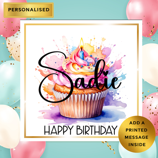 Personalised Cupcake Birthday Card – Any Name – Colourful Watercolour Cupcake Design