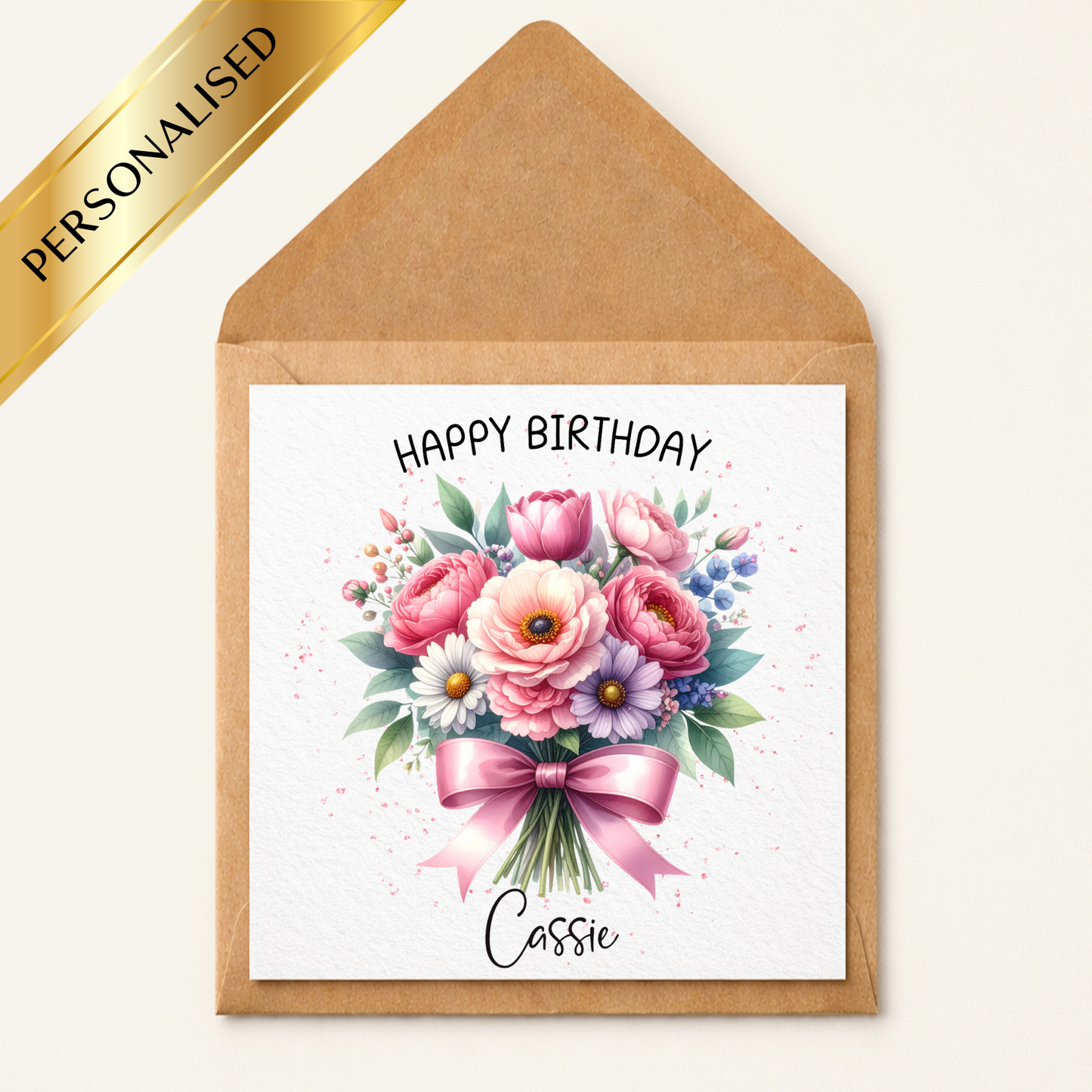 Personalised Floral Birthday Card – Custom Name Birthday Card – Pink Flower Bouquet Birthday Card – Personalised Happy Birthday Card for Her – Mum Sister Friend