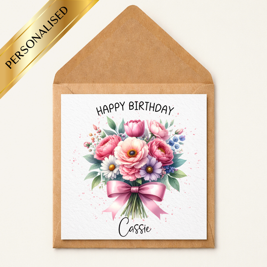 Personalised Floral Birthday Card – Custom Name Birthday Card – Pink Flower Bouquet Birthday Card – Personalised Happy Birthday Card for Her – Mum Sister Friend