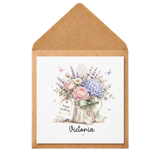 Personalised Birthday Card for Her | Floral Watering Can Birthday Card | Custom Name Card | Watercolour Flowers Card | Mum Nan Friend Sister