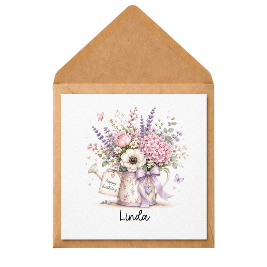 Personalised Birthday Card for Her | Floral Watering Can Birthday Card | Custom Name Card | Watercolour Flowers Card | Mum Nan Friend Sister