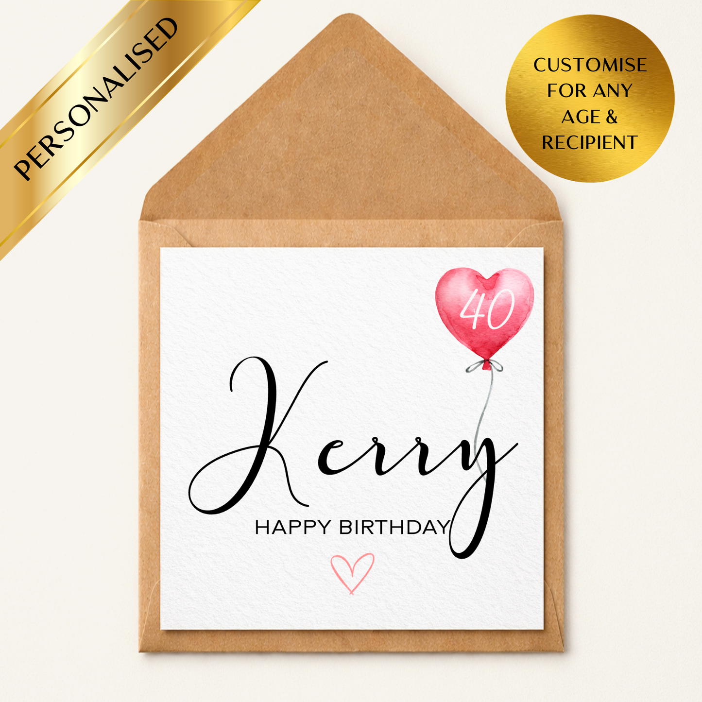 Personalised Birthday Card with Name | Custom Age Heart Balloon Card | Any Name Any Age Birthday Card | Elegant Minimal Birthday Card