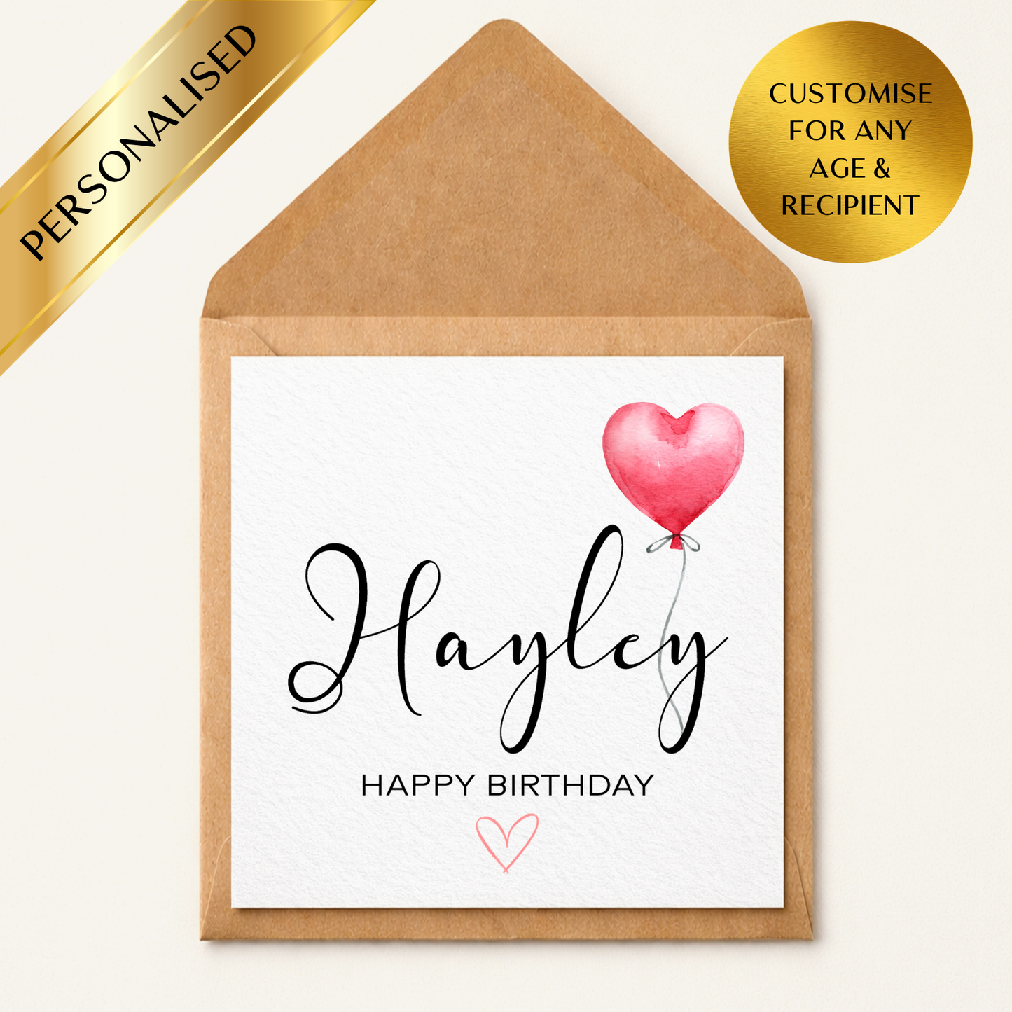 Personalised Birthday Card with Name | Custom Age Heart Balloon Card | Any Name Any Age Birthday Card | Elegant Minimal Birthday Card