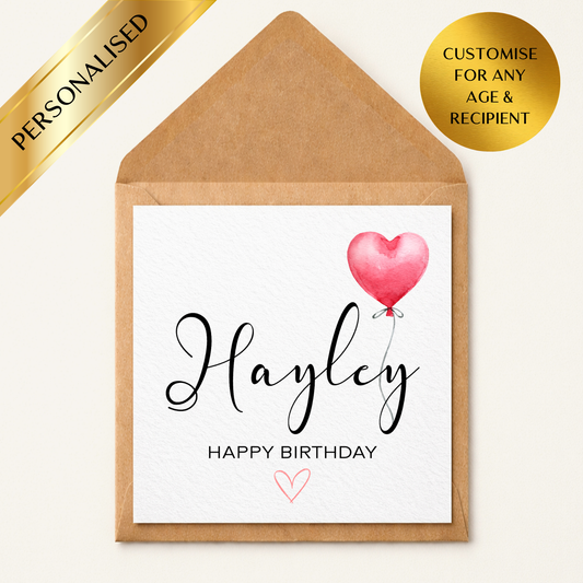Personalised Birthday Card with Name | Custom Age Heart Balloon Card | Any Name Any Age Birthday Card | Elegant Minimal Birthday Card