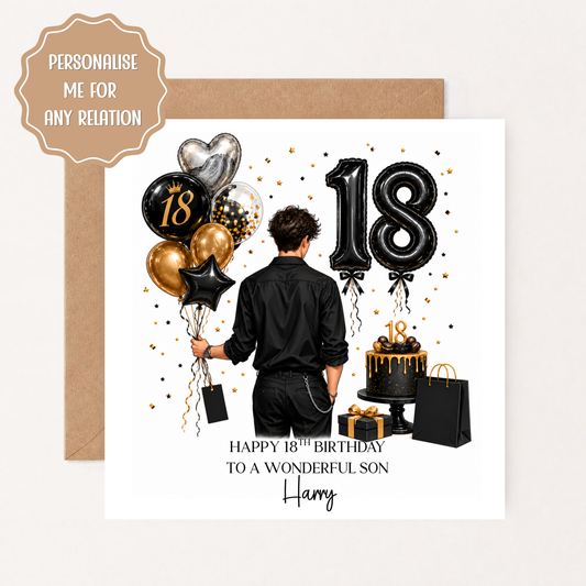 Personalised 18th Birthday Card | Custom Name 18th Birthday Card | Black Gold Birthday Card for Teenage Son | Any Relation 18th Birthday