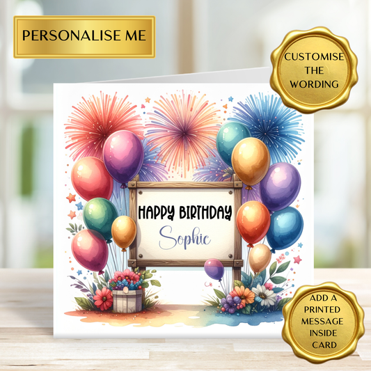Personalised Birthday Card with Name | Colourful Balloons & Fireworks | Custom Birthday Card for Any Age | Handmade Birthday Card