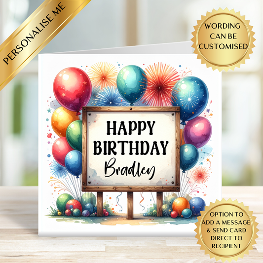 Personalised Birthday Card – Custom Name Birthday Card – Colourful Balloons Birthday Card – Any Age & Any Name – Handmade Greeting Card