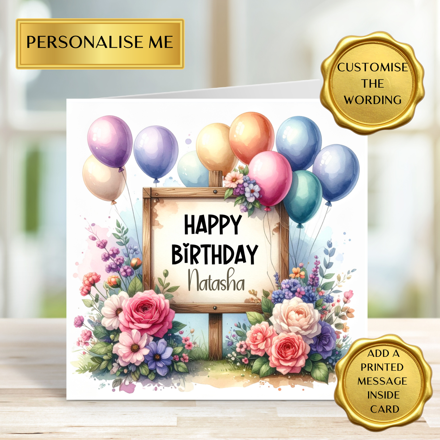 Personalised Birthday Card – Floral Balloon Birthday Card with Name – Custom Happy Birthday Card for Her, Friend, Mum, Daughter
