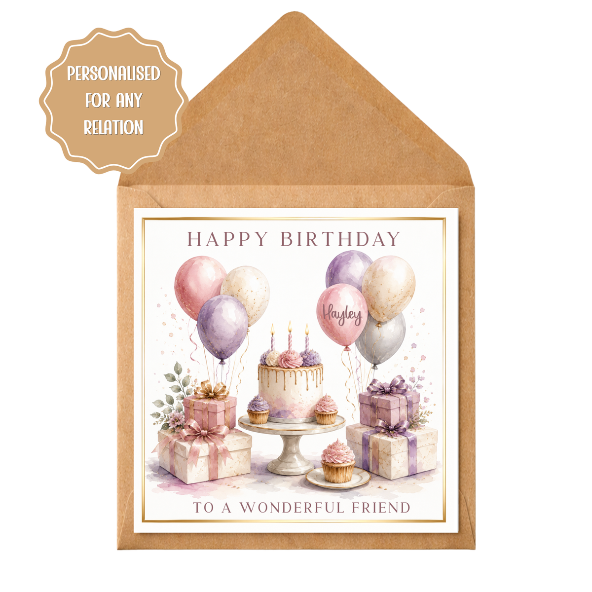 Personalised Birthday Card for Her, Friend Daughter Sister Mum Birthday Card, Pink Purple Balloons Cake, Any Name & Relation