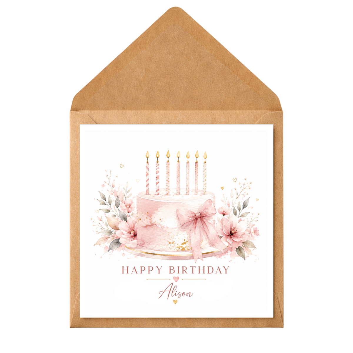 Personalised Birthday Card for Her, Pink Birthday Cake Card, Any Age Name Relation, Daughter Sister Mum Friend Birthday Card