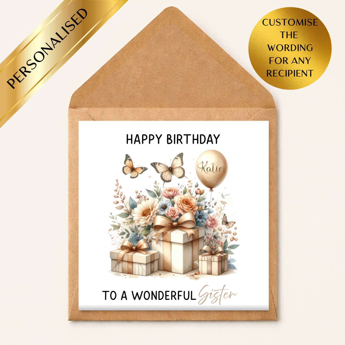Personalised Birthday Card For Her, Custom Name Birthday Card, Friend Sister Auntie Birthday Card, Elegant Floral Birthday Card, Luxury Gift Card
