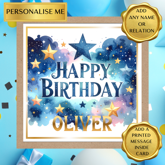 Personalised Birthday Card – Any Name & Relation – Celestial Stars Birthday Card – Custom Birthday Card For Him Her – Printed Inside Option