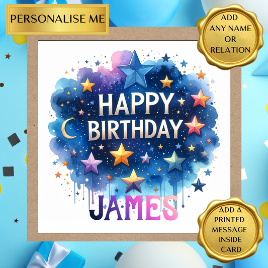 Personalised Birthday Card – Any Name & Relation – Celestial Stars Birthday Card – Custom Birthday Card For Him Her – Printed Inside Option