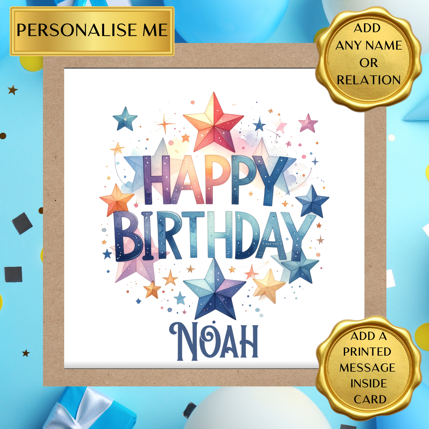 Personalised Birthday Card with Name • Any Age • Any Relation • Celestial Star Theme • Custom Birthday Card for Kids & Adults