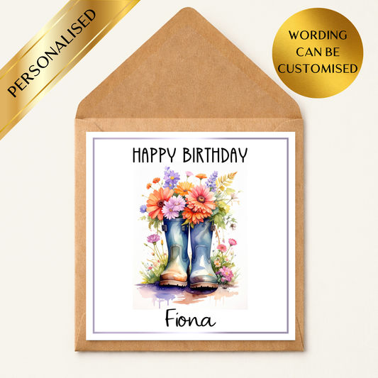 Personalised Birthday Card With Name | Floral Wellies Birthday Card | Custom Any Name Birthday Card | Pretty Flower Boots Card For Her