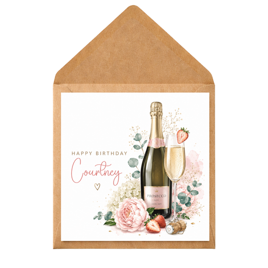 Personalised Prosecco Birthday Card for Her | Custom Name Birthday Card | Champagne & Flowers Birthday Card | Friend Sister Mum Wife Card