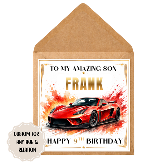 Personalised Supercar Birthday Card – Custom Kids Racing Car