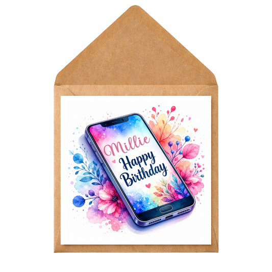 Personalised Mobile Phone Birthday Card | Custom Name Happy Birthday Card | Modern Watercolour Smartphone Greeting Card | Teen Girl Birthday Card