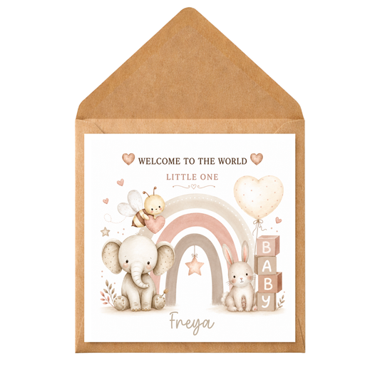 Personalised New Baby Card – Welcome to the World Little One – Baby Girl or Boy Greeting Card – Custom Name Card
