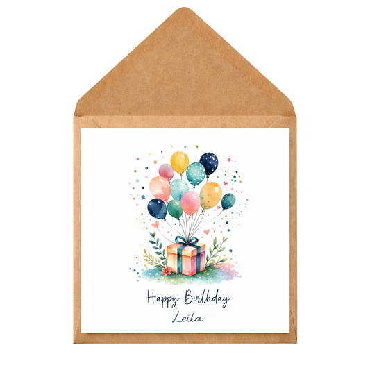 Personalised Birthday Card with Balloons & Gift | Watercolour Birthday Card | Custom Name Birthday Card | Handmade Birthday Greeting Card