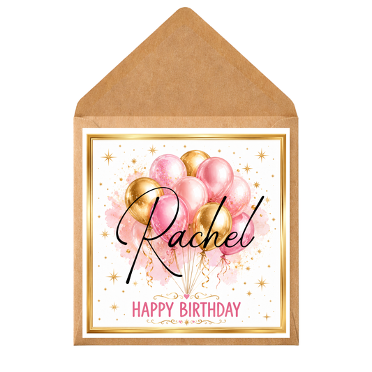 Personalised Pink & Gold Balloon Birthday Card • Any Name • Ladies Birthday Card • Elegant Balloon Birthday Card