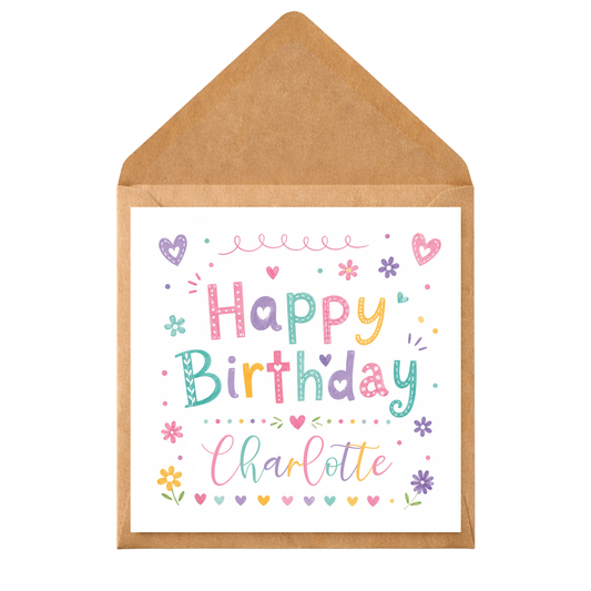 Personalised Happy Birthday Card for Girls | Custom Name Birthday Card | Colourful Children's Birthday Card | Cute Hand Drawn Birthday Card