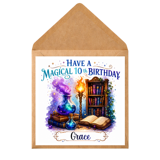 Personalised Magical Birthday Card – Wizard Alchemist Fantasy Birthday – Custom Name – Any Age – Boys Girls Teens Adults