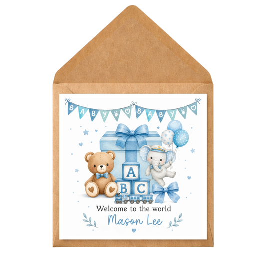Personalised New Baby Boy Card: Welcome to the World