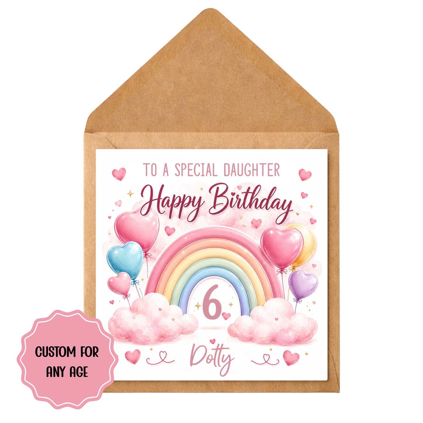 Personalised Girls Birthday Card | Rainbow and Balloons Design | Custom Name & Age | Girls Birthday Card for Daughter, Granddaughter, Her