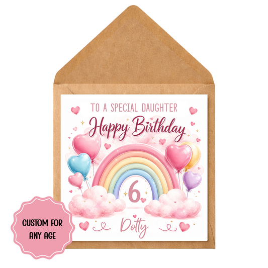 Personalised Girls Birthday Card | Rainbow and Balloons Design | Custom Name & Age | Girls Birthday Card for Daughter, Granddaughter, Her