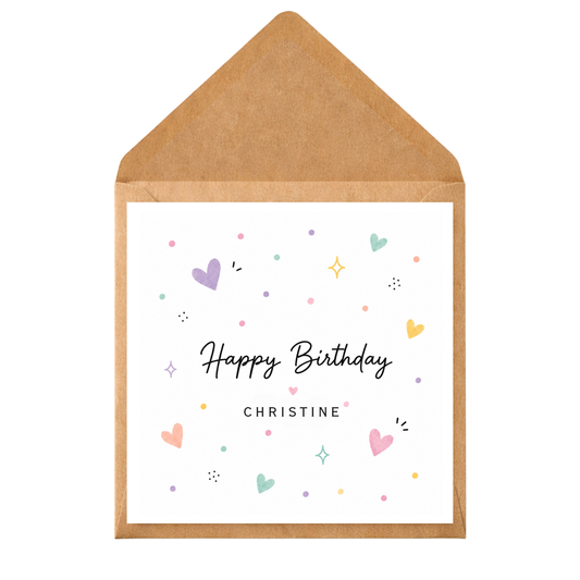 Personalised Happy Birthday Card | Custom Name Birthday Card | Elegant Watercolour Hearts Birthday Card | Minimalist Birthday Greeting Card