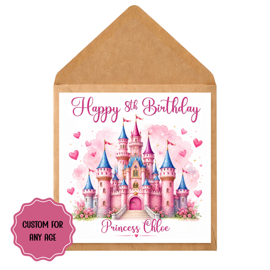 Personalised Princess Birthday Card – Custom Name & Age | Fairy Tale Castle Card for Girls