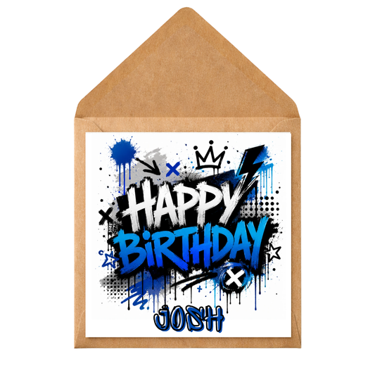 Personalised Graffiti Birthday Card for Boys, Custom Name Birthday Card, Blue Street Art Card, Cool Teen Birthday Card