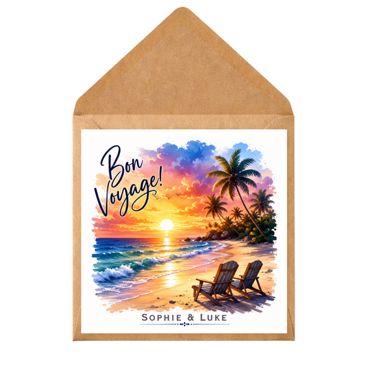 Personalised Bon Voyage Card | Custom Travel Goodbye Card | Sunset Beach Leaving Card | Farewell Card for Traveller | Holiday Adventure Card
