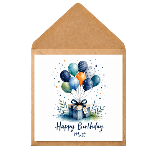 Personalised Birthday Card with Balloons & Gift | Watercolour Birthday Card | Custom Name Birthday Card | Handmade Birthday Greeting Card