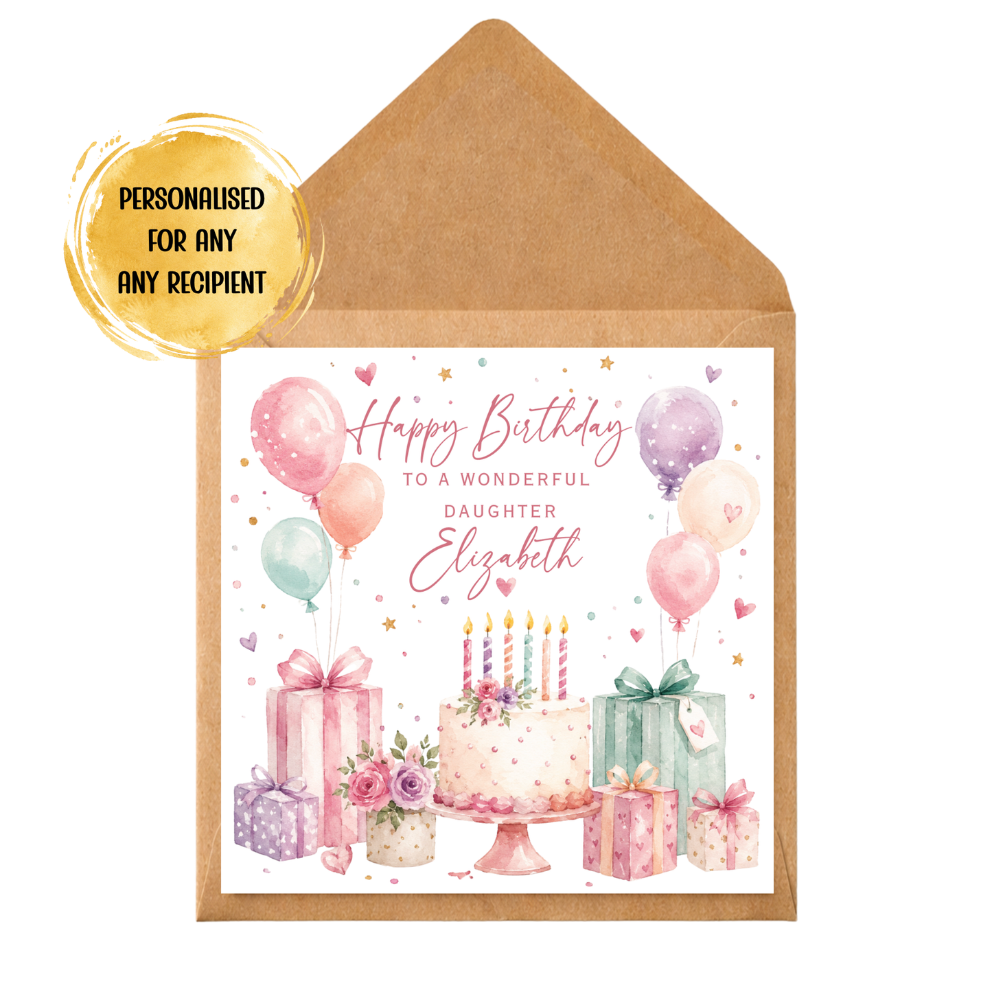 Personalised Birthday Card for Her | Watercolour Birthday Cake & Balloons Card | Custom Daughter Birthday Card