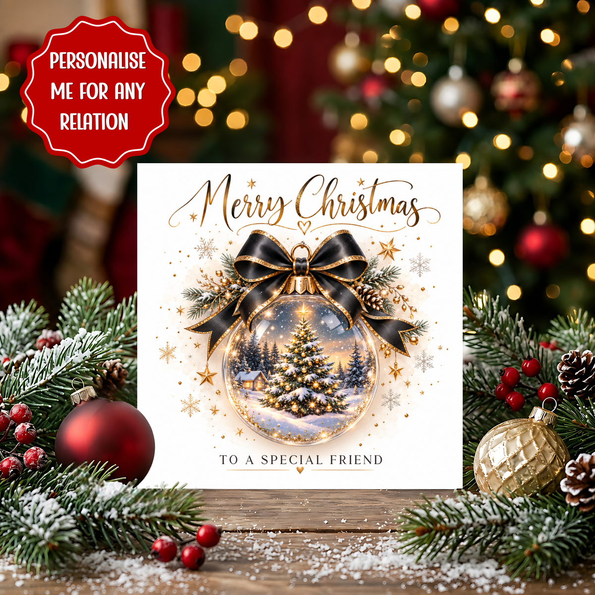 Personalised Christmas Card, Special Friend Christmas Card, Any Relation Xmas Card, Black Gold Bauble Card, Christmas Card for Him Her