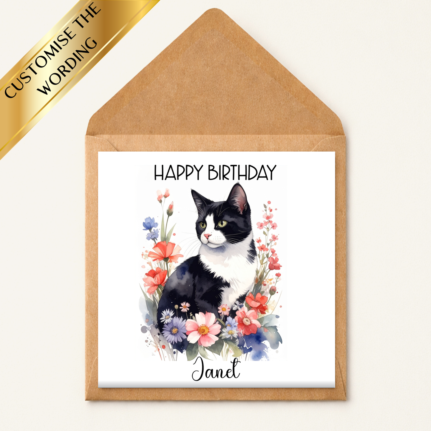 Personalised Cat Birthday Card, Black & White Cat Card, Custom Name Cat Lover Birthday Card, Floral Cat Birthday Card, Pet Lover Greeting Card
