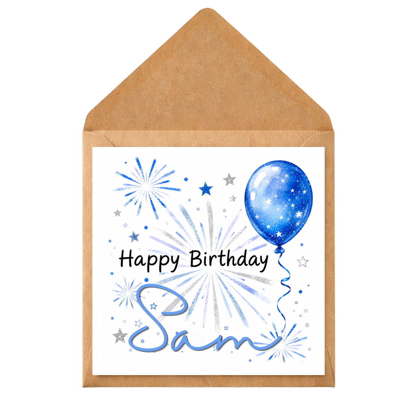 Personalised Birthday Card with Blue Balloon & Fireworks – Custom Name Greeting Card