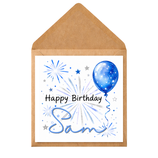 Personalised Birthday Card with Blue Balloon & Fireworks – Custom Name Greeting Card