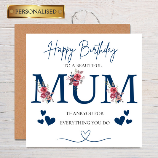Personalised Blue Floral Birthday Card for Mum: Handmade Keepsake