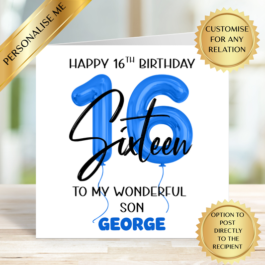 Personalised 16th Birthday Card Son | Custom 16th Balloon Birthday Card | Happy Sixteen Card for Him | Any Name & Relation | Blue 16 Card