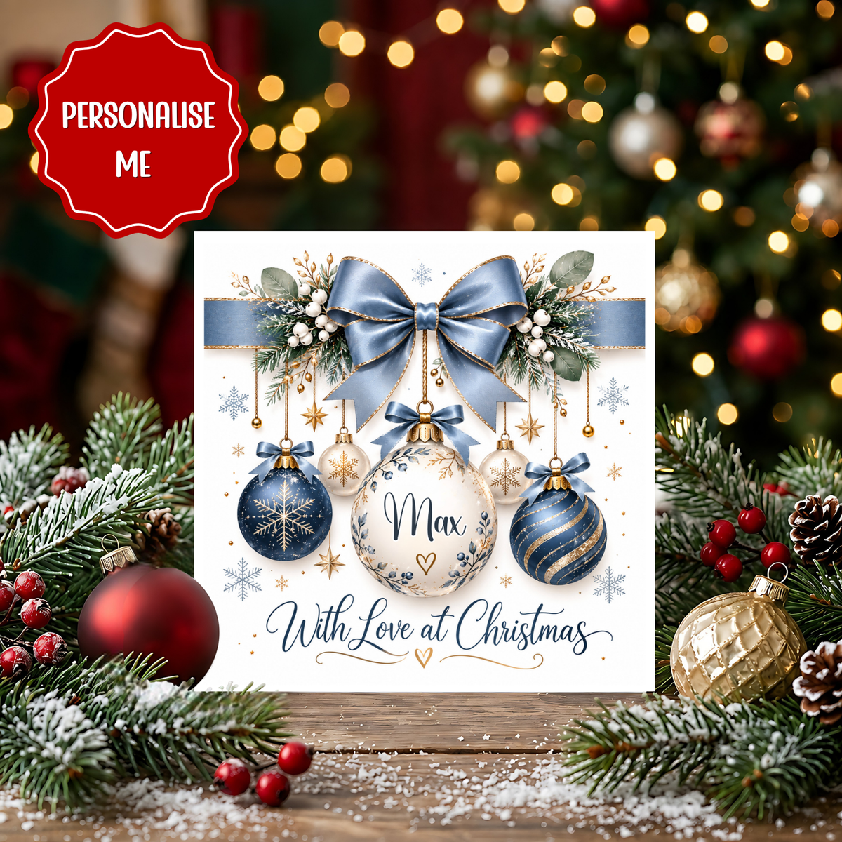Personalised Christmas Card, With Love at Christmas Card, Blue Bauble Christmas Card, Custom Name Card, Christmas Card for Him Her Friend