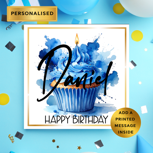 Personalised Blue Cupcake Birthday Card • Any Name Birthday Card • Boys Birthday Card • Men’s Birthday Card • Custom Name Cupcake Card