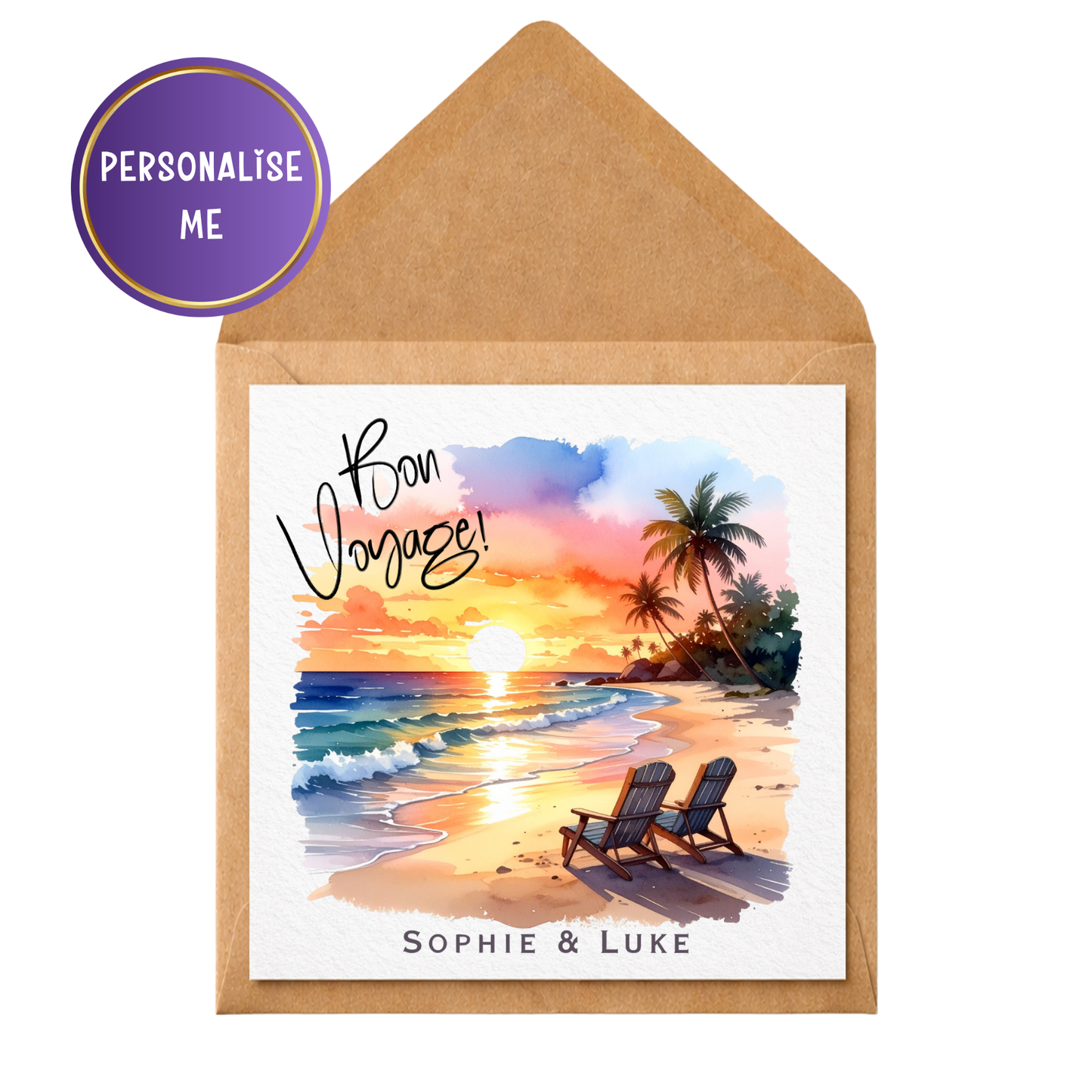 Personalised Bon Voyage Card | Custom Travel Goodbye Card | Sunset Beach Leaving Card | Farewell Card for Traveller | Holiday Adventure Card