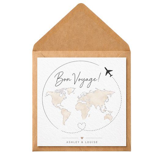 Personalised Bon Voyage Card | Travel Goodbye Card | Going Away Card | World Travel Farewell Card | Custom Names Card